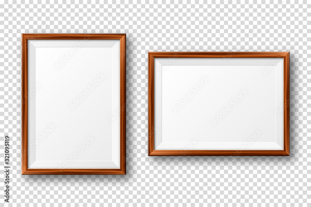 Realistic blank wooden picture frame. Modern poster mockup. Empty photo frame with texture of wood. Art gallery. Vector illustration.