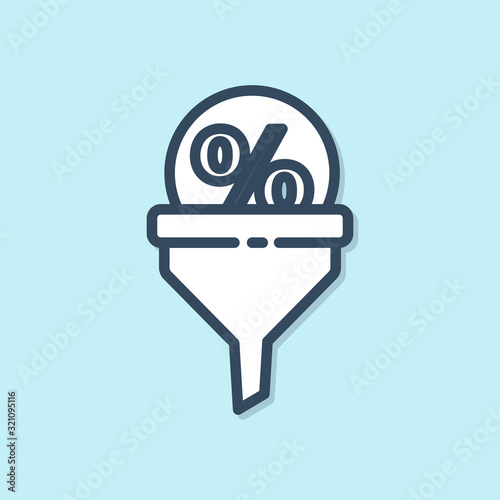 Blue line Lead management icon isolated on blue background. Funnel with discount percent. Target client business concept. Vector Illustration