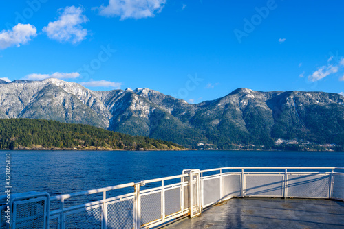 Fantastic view over ocean  snow mountain and rocks at Sechelt inlet in Vancouver  Canada.