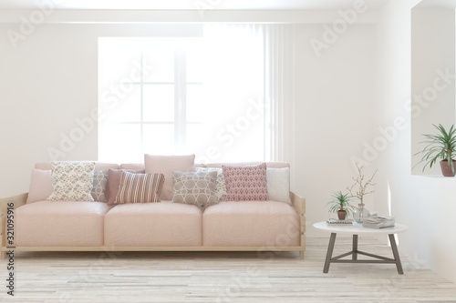 Stylish room in white color with sofa. Scandinavian interior design. 3D illustration