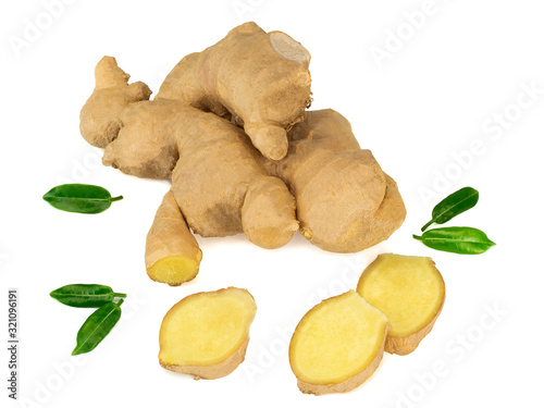 Fresh ginger with leaves on a white bakground