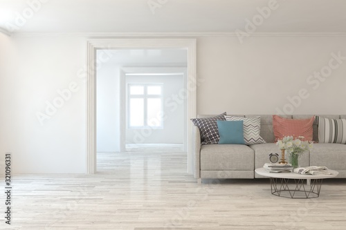 Stylish room in white color with sofa. Scandinavian interior design. 3D illustration