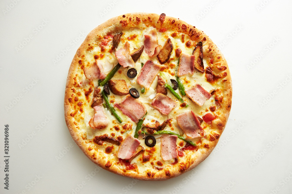 Bacon and potato pizza on white background 