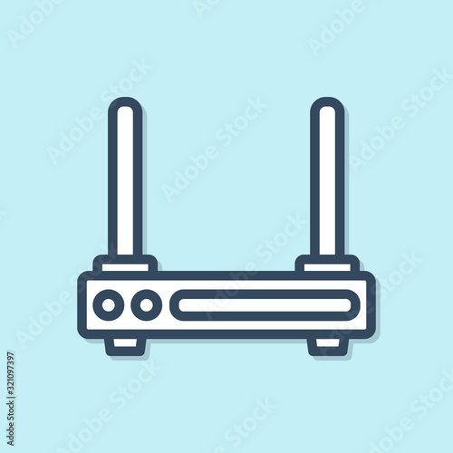Blue line Router and wi-fi signal symbol icon isolated on blue background. Wireless ethernet modem router. Computer technology internet. Vector Illustration