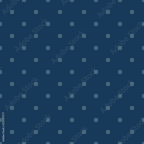 Vector minimalist geometric floral seamless pattern. Navy blue color. Abstract texture with small scattered cross shapes, polka dots. Stylish modern minimal background. Repeat design for decor, covers