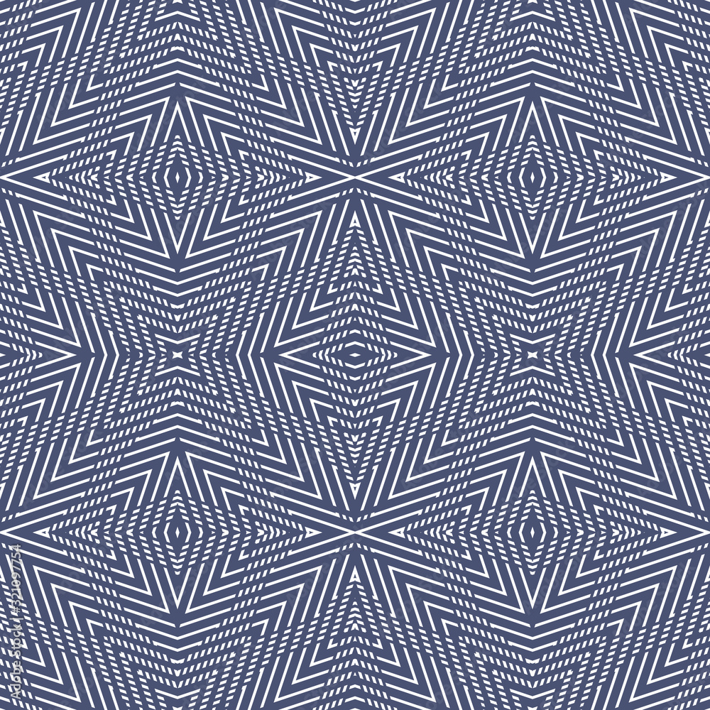 Vector geometric lines seamless pattern. Stylish dark linear background with stripes, concentric shapes, crossing diagonal lines, rhombuses. Navy blue and white abstract texture. Repeatable design 