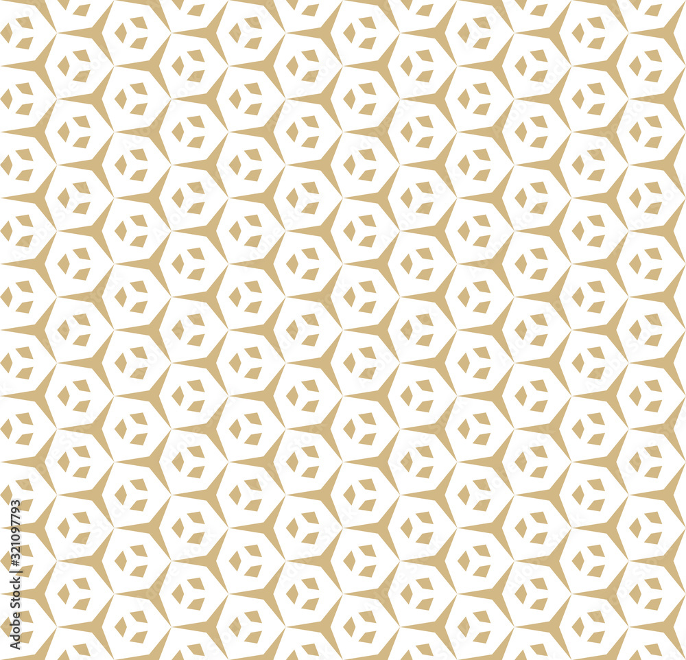 Vector golden geometric seamless pattern with edgy triangular shapes, hexagonal grid, lattice. Simple abstract ornament texture. Modern repeat white and gold background. Design for decor, prints, web