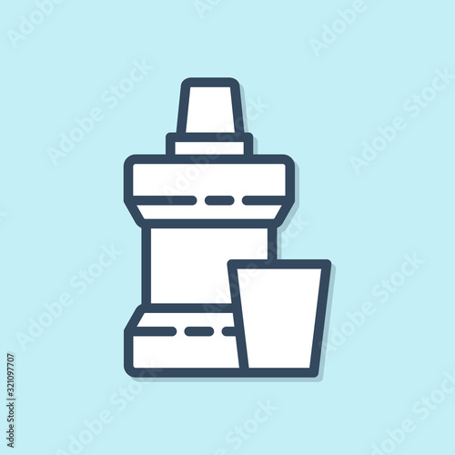 Blue line Mouthwash plastic bottle and glass icon isolated on blue background. Liquid for rinsing mouth. Oralcare equipment. Vector Illustration