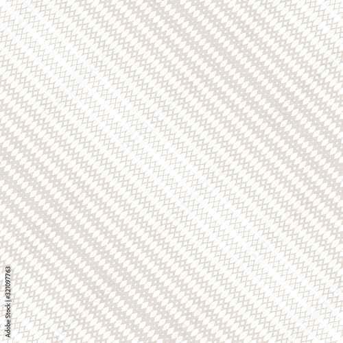 Subtle halftone seamless pattern. White and beige vector texture with diagonal mesh, lace, weave, tissue, lattice, grid. Gradient transition effect. Abstract geometric background. Delicate design
