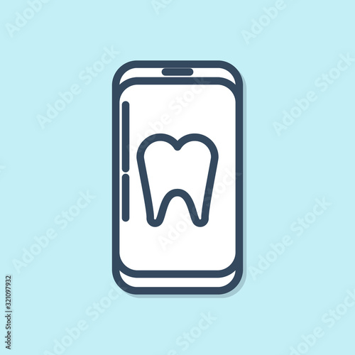 Blue line Online dental care icon isolated on blue background. Dental service information call center. Vector Illustration