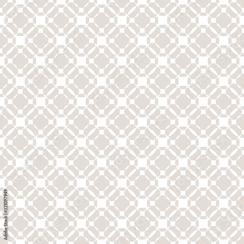 Vector grid seamless pattern. Subtle geometric texture with circles, squares, perforated surface. Graphic illustration of mesh. Simple repeat abstract background in soft pastel colors, white and beige