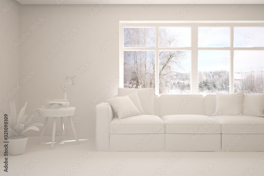 Mock up of stylish room in white color with sofa and winter landscape in window. Scandinavian interior design. 3D illustration Mock up of stylish room in white color with sofa and winter landscape in window. Scandinavian interior design. 3D illustration