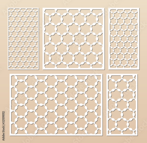Laser cut panel set. Elegant vector template with abstract geometric pattern in Arabian style, ornamental grid, lattice. Decorative stencil for laser cutting of wood, metal. Aspect ratio 3:2, 1:1, 1:2