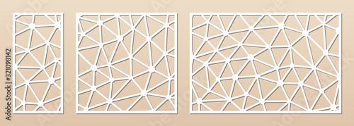Laser cut panel. Cutout silhouette with abstract geometric pattern with lines, polygonal grid. Decorative template for wood, metal cutting, engraving, fretwork, carving. Aspect ratio 1:2, 1:1, 3:2