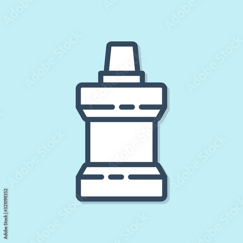 Blue line Mouthwash plastic bottle icon isolated on blue background. Liquid for rinsing mouth. Oralcare equipment. Vector Illustration