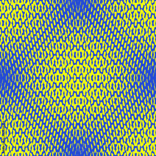 Vector geometric halftone seamless pattern with dash lines, crossing shapes, mesh, grid. Sport style abstract background in vibrant colors, blue and yellow. Modern colorful design. Repeat texture