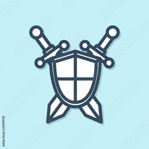 Blue line Medieval shield with crossed swords icon isolated on blue background. Vector Illustration