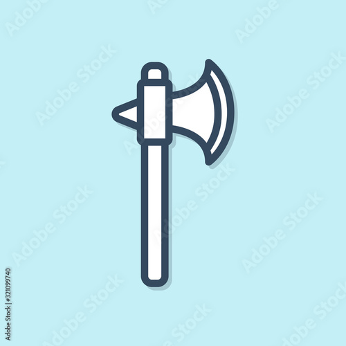 Blue line Medieval axe icon isolated on blue background. Battle axe, executioner axe. Vector Illustration