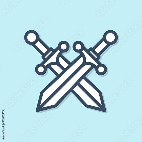 Blue line Crossed medieval sword icon isolated on blue background. Vector Illustration