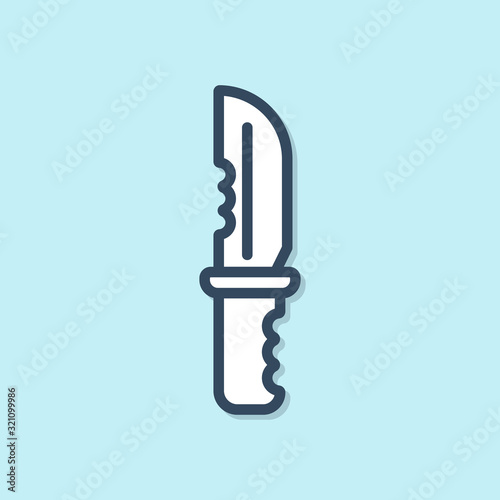 Blue line Military knife icon isolated on blue background. Vector Illustration