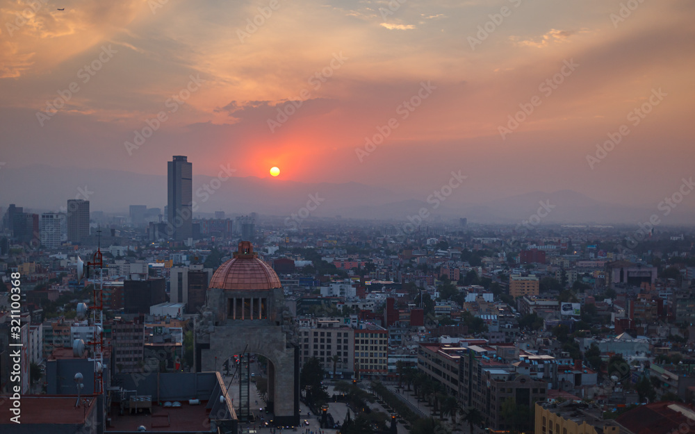 Aerial view of the Plaza de la Republica in Mexico City at sunset