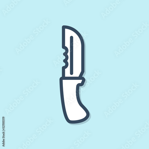 Blue line Military knife icon isolated on blue background. Vector Illustration