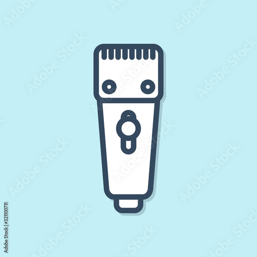 Blue line Electrical hair clipper or shaver icon isolated on blue background. Barbershop symbol. Vector Illustration