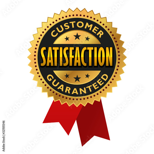 Customer Satisfaction Guaranteed Golden Medal, Label, Seal, red ribbon Isolated on White Background