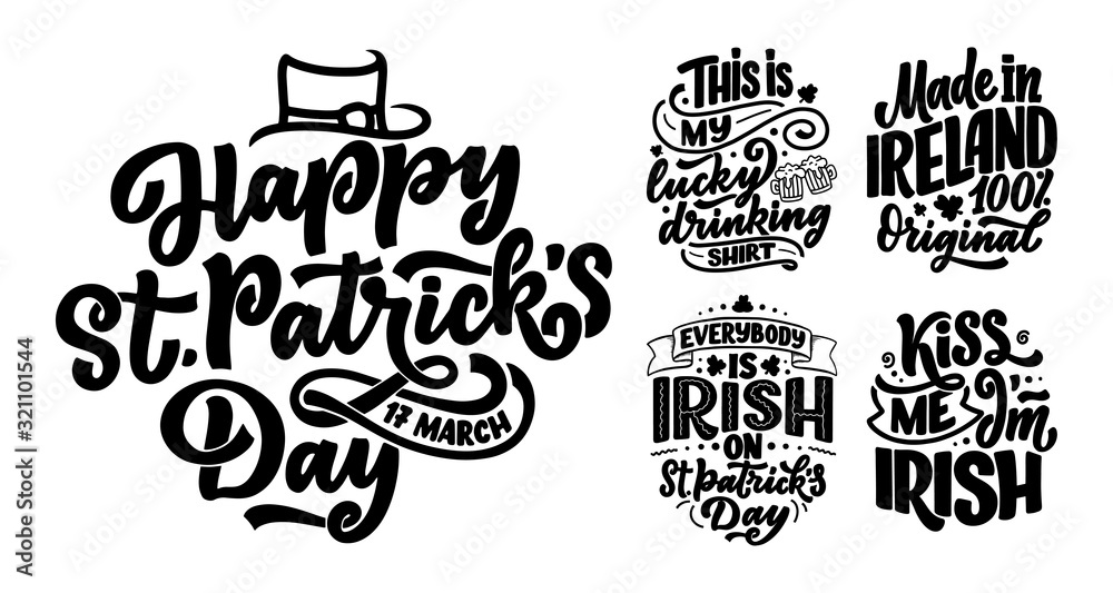 Set with St. Patrick's Day quotes, typography greeting cards template. Lettering slogans for print, t-shirt, festive design element. Vector