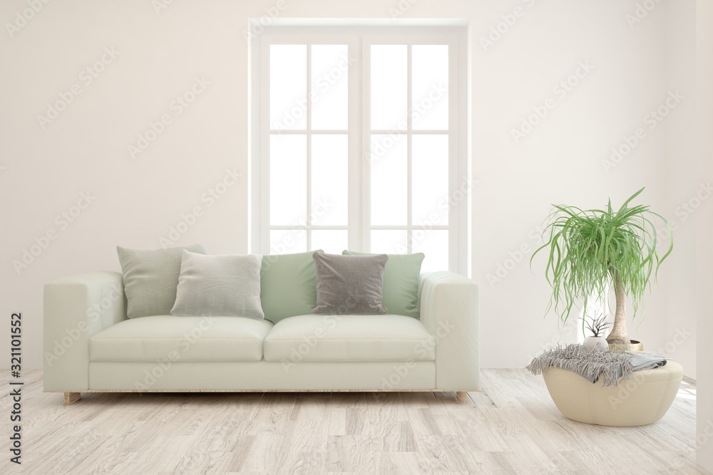 Stylish room in white color with sofa. Scandinavian interior design. 3D illustration Stylish room in white color with sofa. Scandinavian interior design. 3D illustration