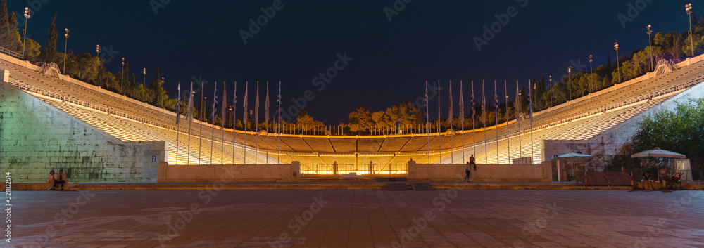 Panathenaic Stadium or Kallimarmaro at night, Athens, Greece