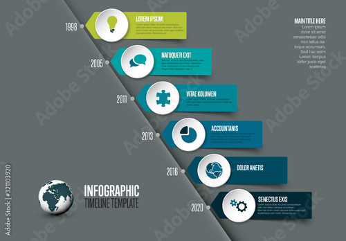 Simple diagonal timeline template with icons - blue and green colors version