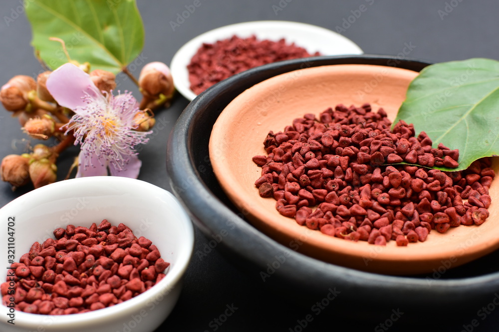 Achiote seed called Bixa orellana of America, used to flavor food Achiote seed called Bixa orellana of America, used to flavor food