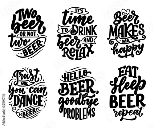 Set with lettering quotes about beer in vintage style. Calligraphic posters for t shirt print. Hand Drawn slogans for pub or bar menu design. Vector