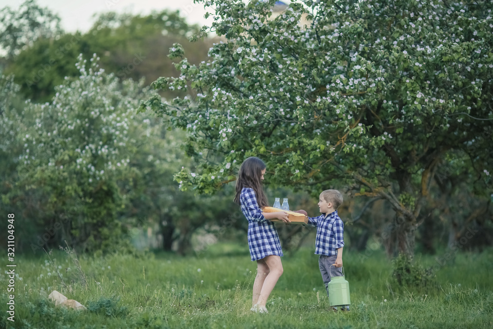 Children brother and older sister preparing for a picnic in the garden. Children brother and older sister preparing for a picnic in the garden.