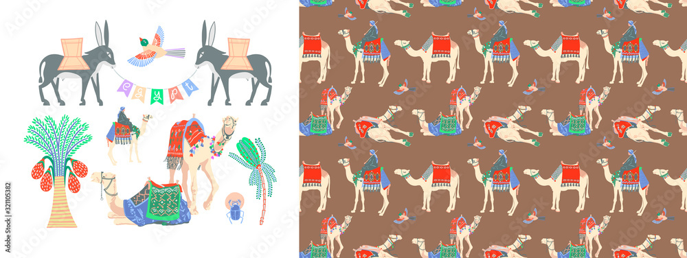 set of hand drawing camel, donkey and palm tree