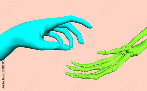 Arm. Female hands stretch to each other. Female hand and skeleton hand. Bones. Handshake. Body parts. Human. Hand holds. 3d rendering.