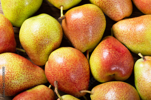 fresh pears as background, top view