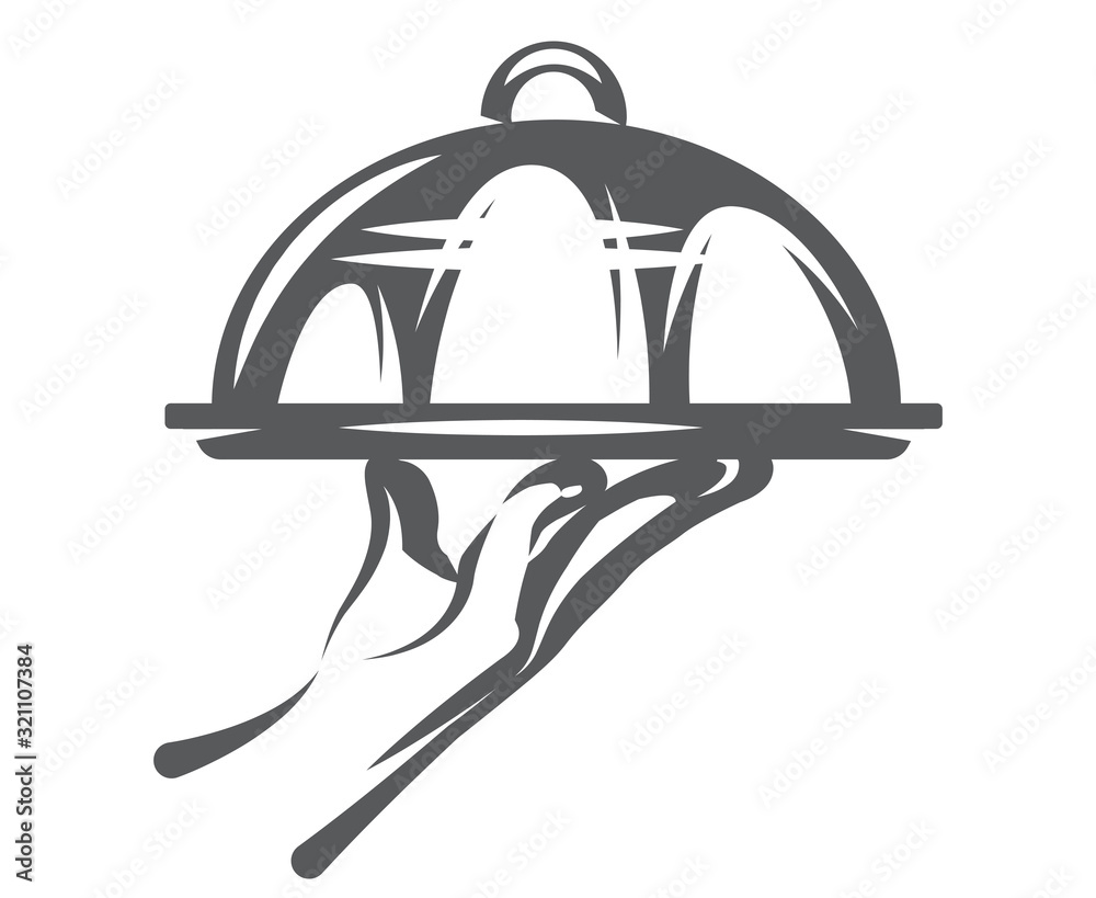 Vector monochrome illustration for menu design with hand and tray Vector monochrome illustration for menu design with hand and tray