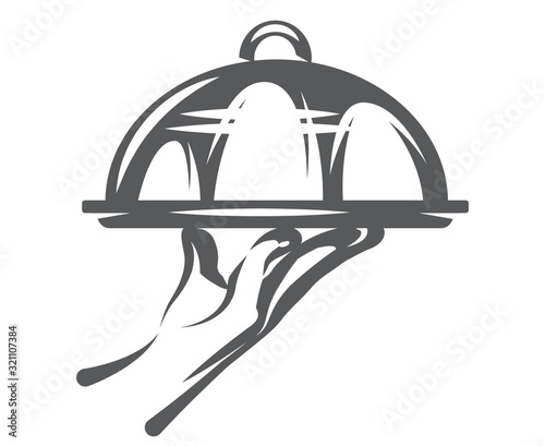 Vector monochrome illustration for menu design with hand and tray