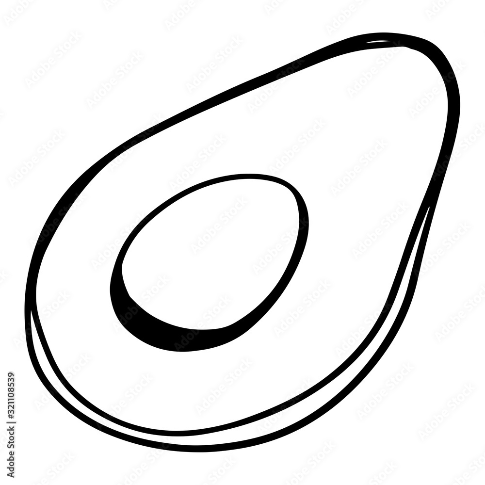 Digital illustration of a cute doodle outline avocado half with bone top view. Print for fabrics, posters, menus, restaurants, food packaging, banners, cards and invitations. Digital illustration of a cute doodle outline avocado half with bone top view. Print for fabrics, posters, menus, restaurants, food packaging, banners, cards and invitations.