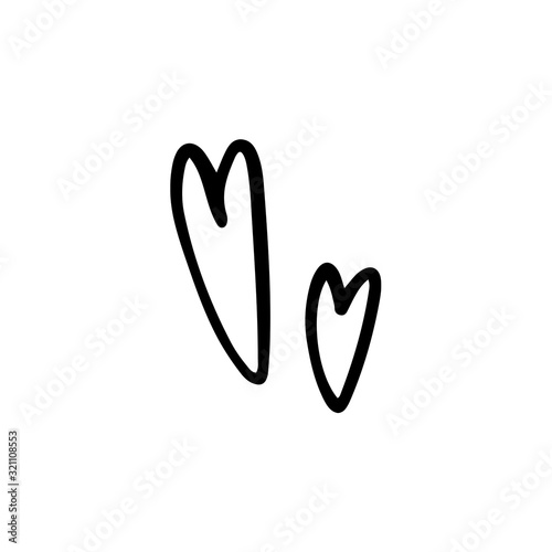 Digital illustration of a cute black outline doodle spring theme playful hearts. Print for clothes, poster, banner, postcard, web design, coloring.