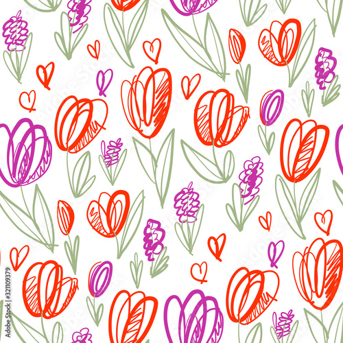 Playful naive tulip flower seamless pattern