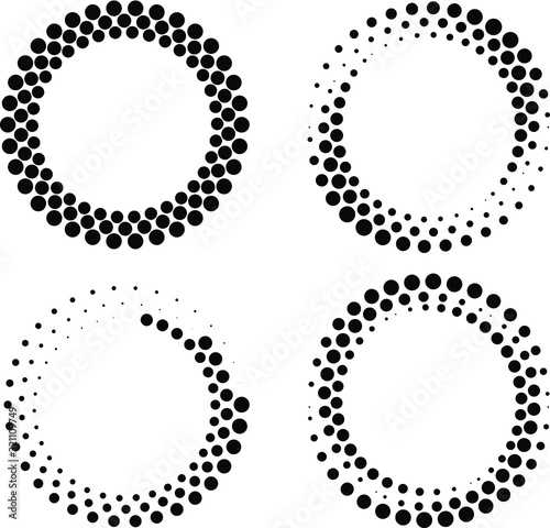 Set of black halftone dots in round form. Geometric art. Design element for border frame, logo, tattoo, sign, symbol, web pages, prints, posters, template, pattern and abstract background