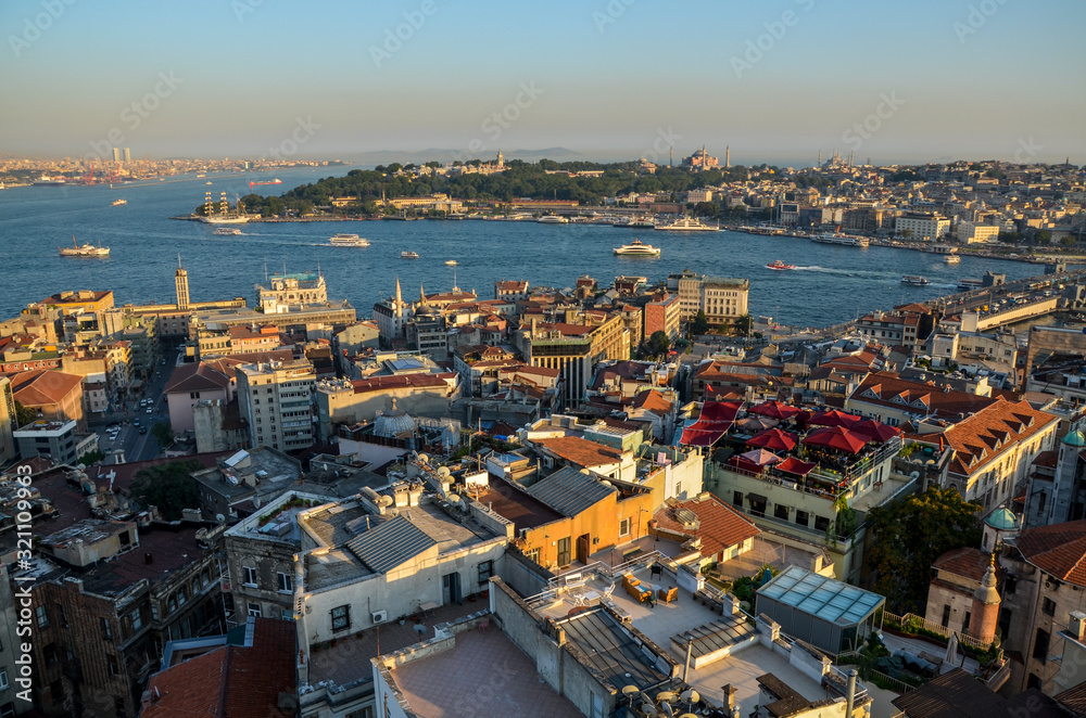 It is the large scale view of Istanbul from Galata tower in Turkey. There is the border of Asia and Europe.