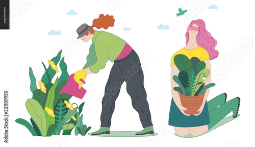 Gardening people set, spring - modern flat vector concept illustration of a young red-hired woman wearing a hat, watering plants. A pink-hired girl holding a pot with a plant. Spring gardening concept