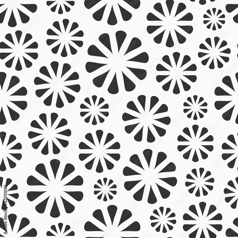 Abstract seamless pattern of repeating round ornaments isolated on white background. Floral pattern. Stylish texture. Vector monochrome illustration. Abstract seamless pattern of repeating round ornaments isolated on white background. Floral pattern. Stylish texture. Vector monochrome illustration.
