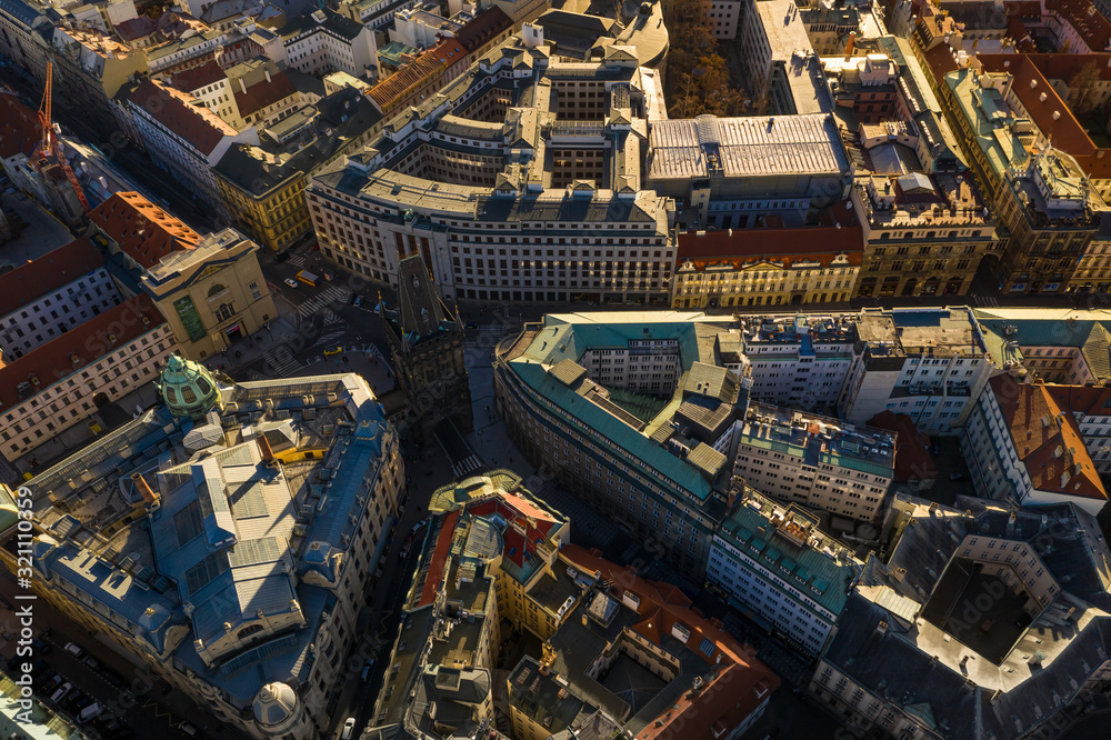 Obraz premium Beautiful view from the top of the day on the city of Prague, Czech Republic. Shot on a drone.