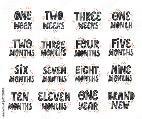 Set of milestone cards with baby age. Newborn textile and stickers design