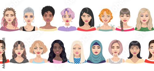 Seamless border with women faces.